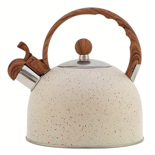 84.54oz Stainless Steel Whistling Tea Kettle with Natural Stone Finish and Wood Pattern Handle - Fast Boil, Perfect for Tea, Coffee, Milk