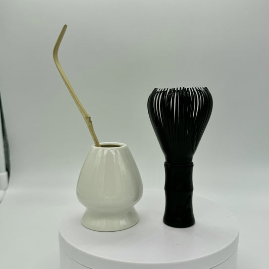 Japanese Style Vintage Ceramic Matcha Tea Set - Song Dynasty Inspired Tea Ceremony Kit with Whisk (Chasen), Whisk Holder (Kusenaoshi), and Tea Spoon - Traditional Matcha Preparation Tools, 3-Piece Set