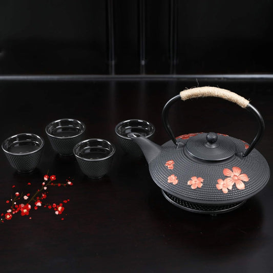 Style Cast Iron Teapot with 4 Tea Cups Trivet Tetsubin StovetopTea Kettle with Infuser Chinese Iron Tea Pot Tea Set for Adults Black (Pear Flower Pattern)