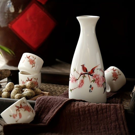 Ceramic Sake Set, Traditional Chinese Style, Polished Finish, 5pcs Flask and Cups, Oval Shape, Hand Wash Only, Ideal for Thanksgiving Festivities