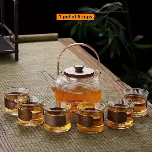 1 Set Creative Striped Glass Tea Set with Infuser - 6 Cup Heat-Resistant Teapot and Cups, Multi-Functional Tea Brewing Kit for Casual Gatherings, Ideal for Christmas, Halloween, Thanksgiving, Ramadan (Eid Al-Fitr) - No Pattern