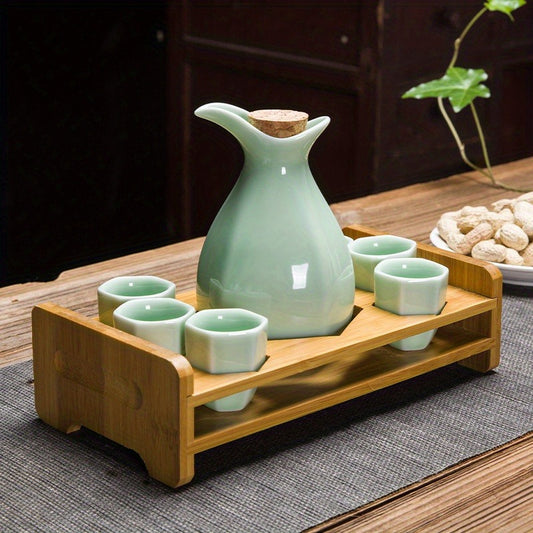 Japanese Ceramic Sake Set with Bamboo Tray - Traditional Crafted Porcelain Sake Decanter (1 Tokkuri) and 6 Ochoko Cups for Home, Sushi Bar, Restaurant, and Wedding