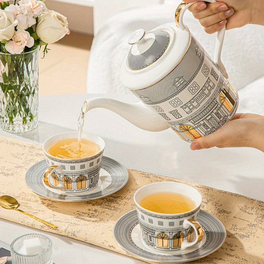 Ceramic Coffee Server Set - European Design Porcelain Tea Pot with Cups and Saucers for Home & Kitchen - 1pc/2pcs/5pcs Elegant Tea and Coffee Serving Ensemble