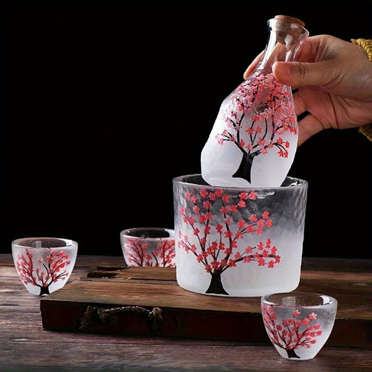 Vintage Plum Blossom Handmade Sake Set - Includes Tokkuri Bottle & Ochoko Cups, Reusable Glassware for Home and Restaurant Use