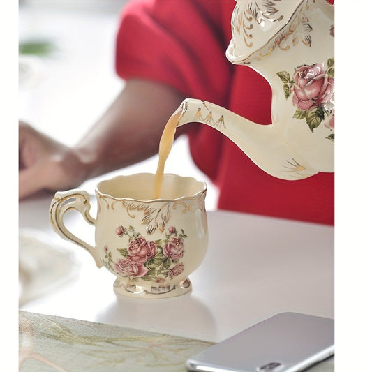 10pcs Ceramic Tea Set, European Style Retro Light Luxury Rose Flower Pattern Tea Set, Water Cup, Light Yellow Tea Kettle With Spoon Set, For Afternoon Tea, Restaurant, Living Room