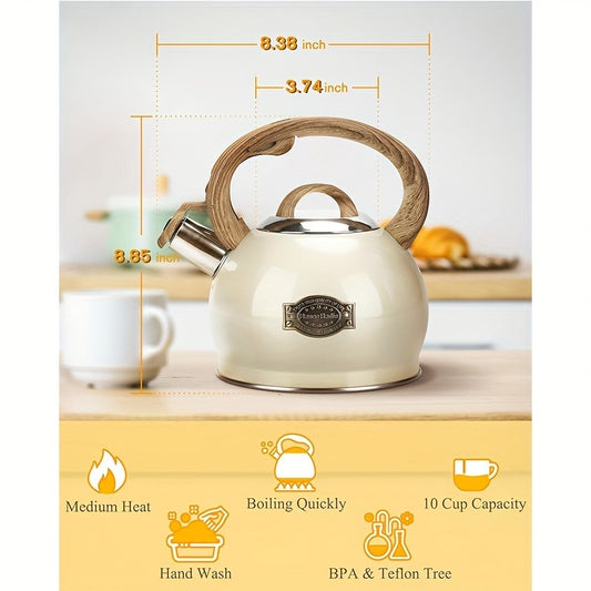 2.1 Quart Food Grade Stainless Steel Whistling Tea Kettle, Stove Top Teapot with Wood Pattern Folding Handle, Suitable for All Heat Sources