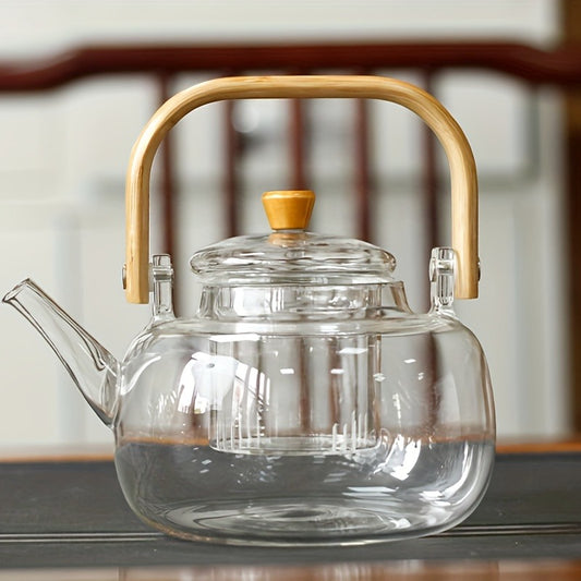 Glass Teapot with Bamboo Handle – 34oz Clear Borosilicate Glass Tea Kettle with Removable Infuser, Heat Resistant Loose Leaf Tea Brewer