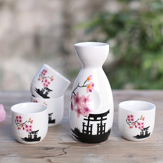 5pcs Handcrafted Japanese Sake Set - Vibrant White & Pink Blossoms, Artisanal Design - A Delightful Birthday Gift and Esteemed Collectible for Special Occasions