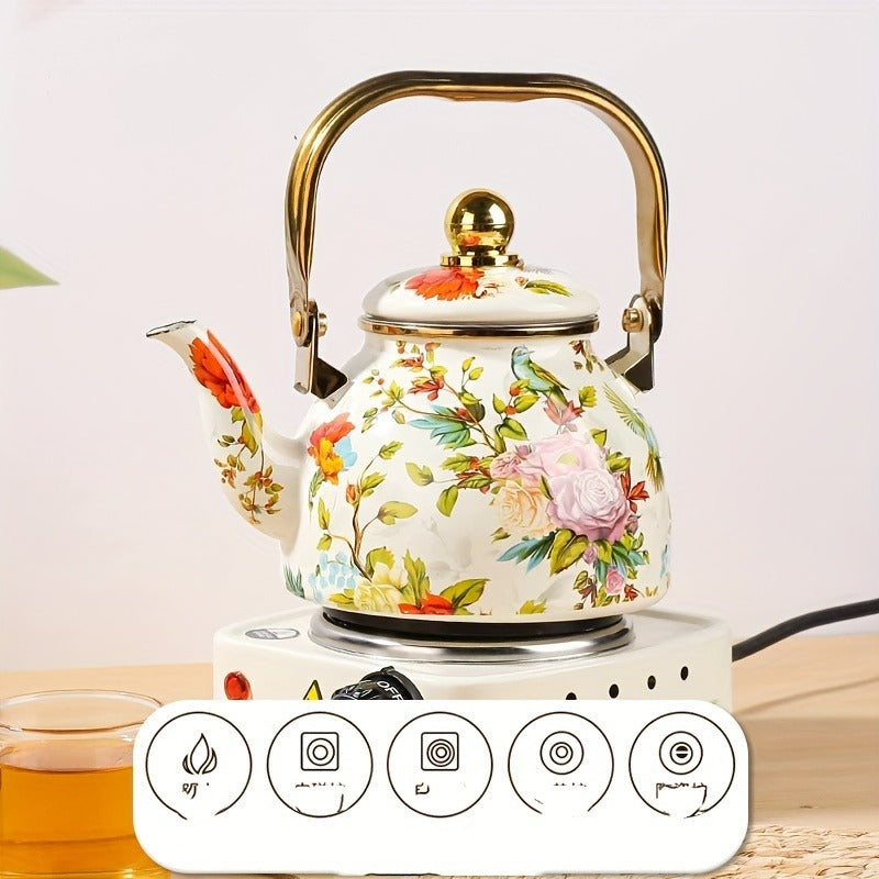 40.58oz Enamel Teapot Set with Infuser - Floral & Bird Design, Thickened for Durability, High-Quality, Stovetop Safe for Electric & Gas, Perfect for Home, Restaurant, and Dining Decor