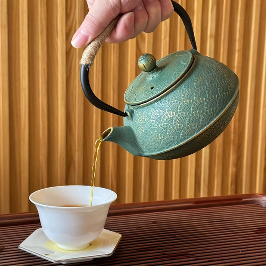 1pc, Vibrant Green & Golden Fan Pattern Cast Iron Enamel Teapot - Whimsical Tea Infuser Teapots with Removable Stainless Steel Filter, Perfect for Gift Giving, Birthday, Holiday, Tea Accessories and Enthusiasts