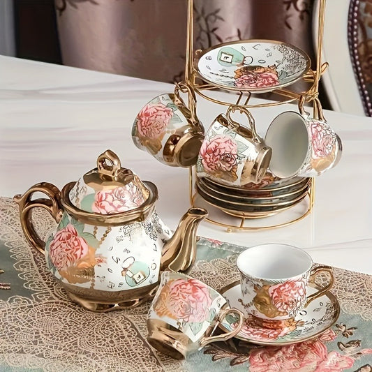 14-Piece European Ceramic Tea Set with Metal Stand, Elegant Floral Design, Holiday Theme for Afternoon Tea & Gift Giving