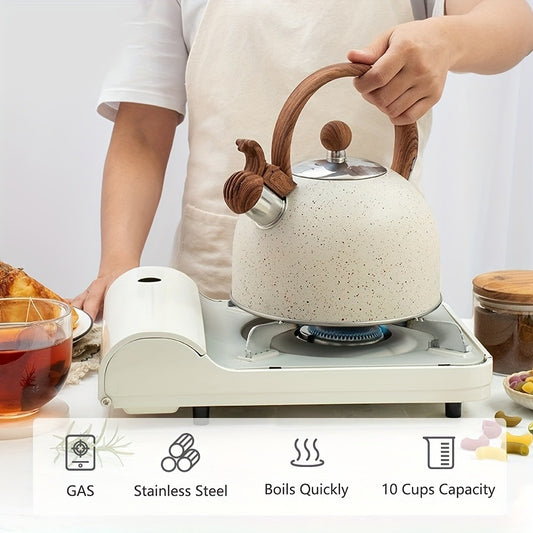 84.54oz Stainless Steel Whistling Tea Kettle with Natural Stone Finish and Wood Pattern Handle - Fast Boil, Perfect for Tea, Coffee, Milk