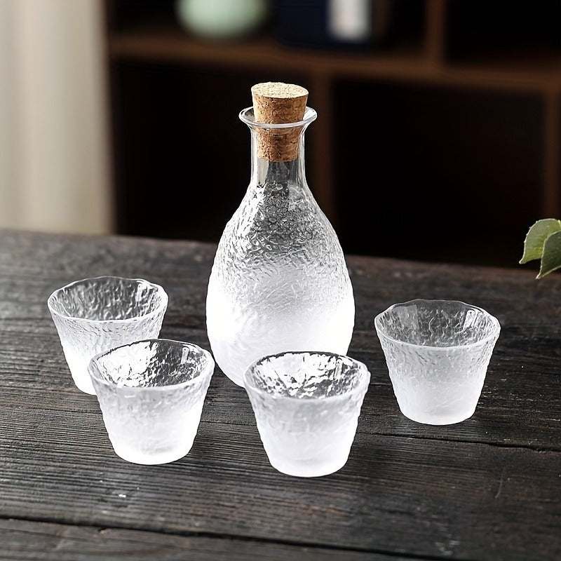 Handmade Hammered Glass Sake Set, 5-Piece Elegant Vintage Design with One Decanter (11.81 oz) and Four Sake Cups (2.2 oz Each), Ideal for Sake Enthusiasts, Home, Bars, Restaurants - Hand Wash Only
