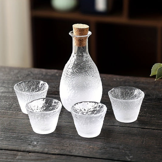 Handmade Hammered Glass Sake Set, 5-Piece Elegant Vintage Design with One Decanter (11.81 oz) and Four Sake Cups (2.2 oz Each), Ideal for Sake Enthusiasts, Home, Bars, Restaurants - Hand Wash Only