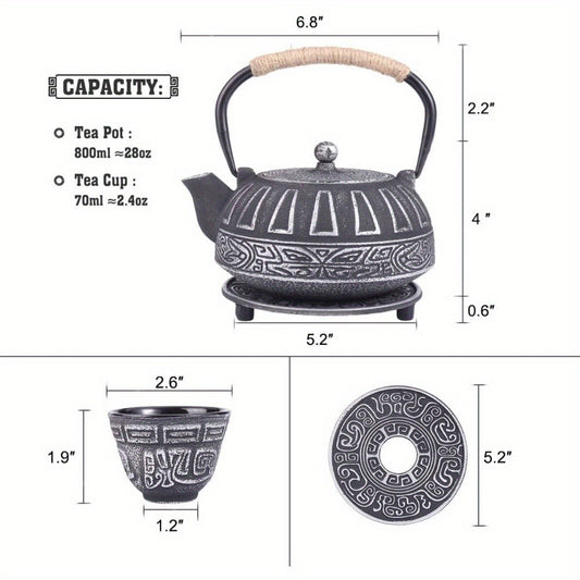 Cast Iron Teapot Set Tea Kettle with Infuser, Enameled Interior Cast Iron Tea Pot with 4 Teacup for Stove Top, Handmade Gift for Friend