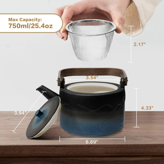 Gradient Embossed Ceramic Japanese Teapot with Removable Infuser for Flower and Loose Tea, Bamboo Handle, Halloween Promotion