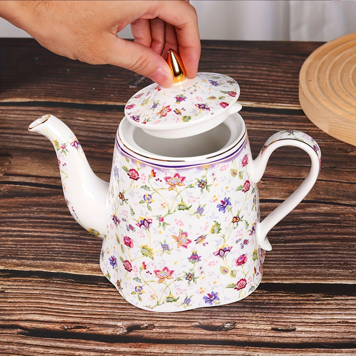 Purple Small Flower Pattern Burned Flower Ceramic Cup and Plate Set, Electroplated Gold Plated Edge Glossy Cup and Plate, Water Pot, 2pcs Cup and Plate Set, 1pc Water Pot Set, with Color Box