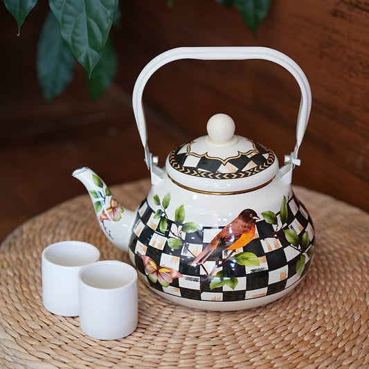 67.63oz Enamel Teapot with Novelty Pattern, Retro Nordic Style Black and White Checkered, and Camping Design, Large Handle High-Capacity, Multi-Functional, Heat-Resistant