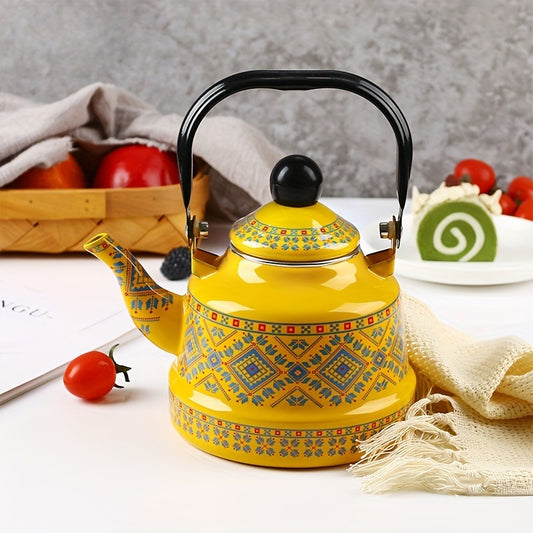 1pc 1.1L Enamel Hot Water Kettle - Geometric Print, Memory Flower Pattern, Ancient Clock Design, Induction Cooker and Open Flame Compatible, Middle Eastern and European Style, Restaurant-Grade Tea and Coffee Pot