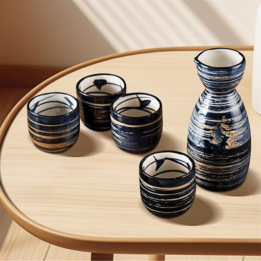 1 Set Japanese Hand-Painted Navy Blue Brushed Striped Ceramic Sake Set - Microwave Safe, Dishwasher Friendly, Ideal for Sushi Restaurants & Family Gatherings