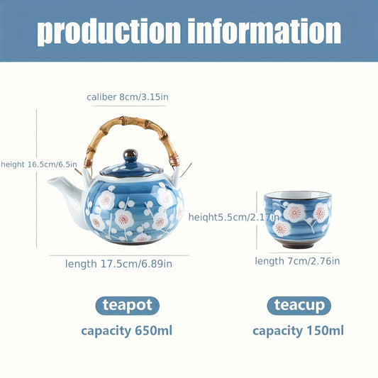 Japanese Ceramic Teapot Teacup Set, Bamboo Handle Insulation and Anti-Scalding, Delicate Plum Blossom Pattern, Blue Glazed Tea Set, Suitable for Adult Tea Parties/Restaurants