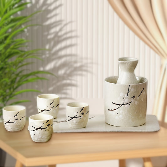 Japanese ceramic sake barware set, beige tea set for making tea and drinking, with hand-painted plum blossom pattern, handmade, suitable for sushi restaurants or families