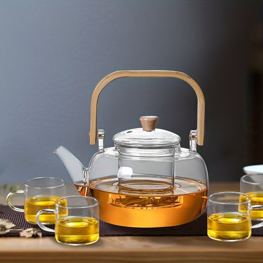 7-Piece Glass Tea Set with 6 Cups, Clear Borosilicate Glass Teapot with Detachable Strainer, Heat-Resistant Loose Leaf Tea Infuser, No Pattern - Elegant Transparent Tea Brewing Set