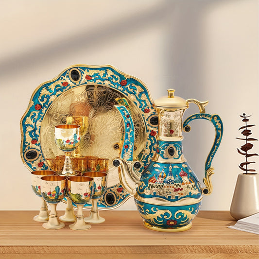 Vintage Coffee Pot Tea Pot Set, Crafts Teapot And Cup Set Including Tray And 6 Metal Cups, Tea Service Set For Tea Table Decor, Wedding Ornament (Gold)