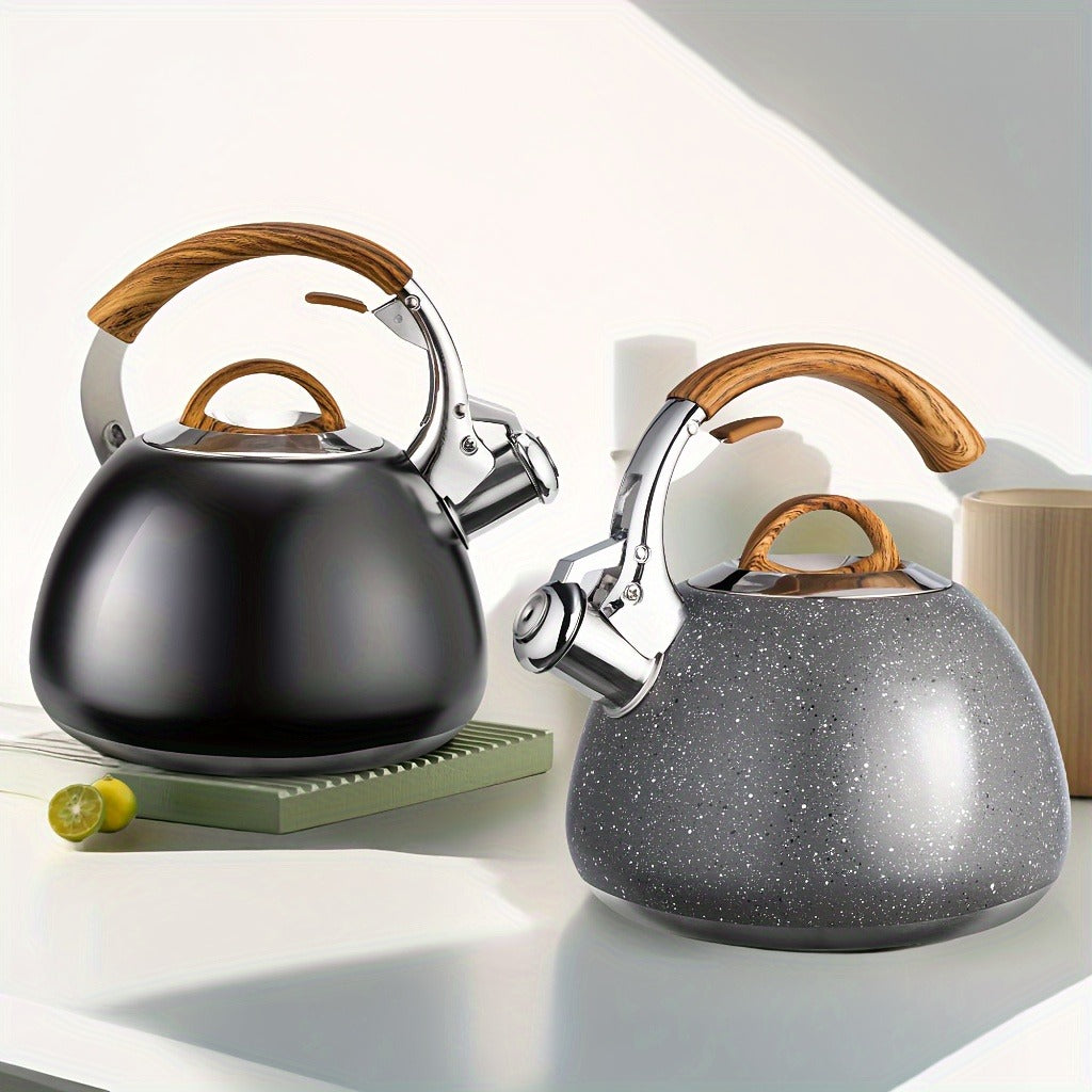3 Quart Food Grade Stainless Steel Whistling Tea Kettle with Wooden Pattern Handle for Stovetop, Marble/Black Color Options, Essential for Home Use
