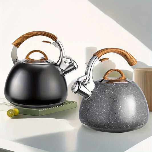 3 Quart Food Grade Stainless Steel Whistling Tea Kettle with Wooden Pattern Handle for Stovetop, Marble/Black Color Options, Essential for Home Use