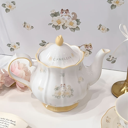 1 Set Camellia Brand Ceramic Tea Set, 2 Cups 2 Saucers 1 Teapot, Hand Wash Only, Lead-Free, Insulated, Animal Theme, Multipurpose Use