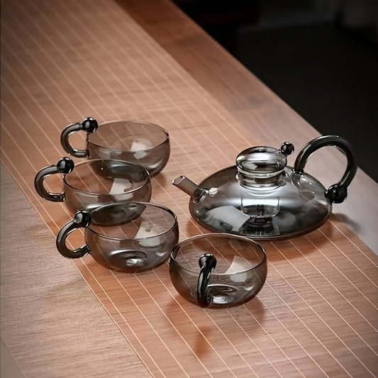 Glass Tea Set with 20.29oz Teapot and 4x6.09oz Cups - Polished Metal Finish, High-Temperature Resistant, Ideal for Home Use, Perfect for Christmas, Halloween, Easter, Hanukkah, St. Patrick's Day - Elegant Tea Infuser Set