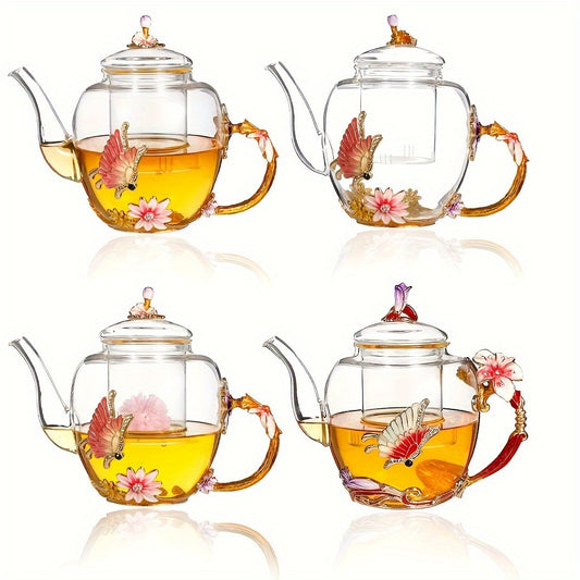 Elegant Pink Butterfly & Lily Glass Teapot - Perfect for Blooming Tea, Loose Leaf, and Herbal Infusions - Ideal Gift for Tea Enthusiasts