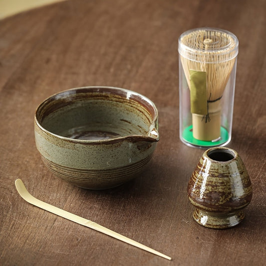4pcs Japanese Matcha Tea Set with Ceramic Bowl, Scoop, Bamboo Whisk & Cup - Perfect for Home or Restaurant Use