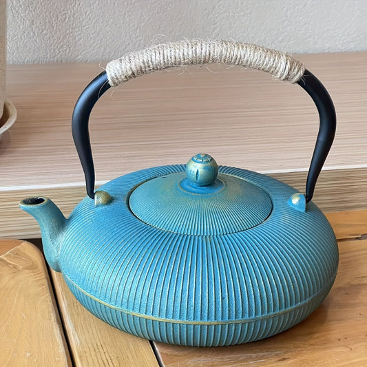 1pc, Cast Iron Teapot with Removable Stainless Steel Infuser, Traditional Green Golden Vertical Stripe Enamel Kettle, Perfect for Brewing Tea & Boiling Water, Ideal Gift