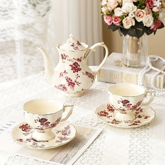 1pc Exquisite European Floral Ceramic Teapot Set - Vintage Porcelain Coffee Pot - Antique Tea Cups And Saucers - High Tea Party Accessories - Elegant Gift for Friends and Family - Perfect for Afternoon Tea, Coffee, or Dinner Party