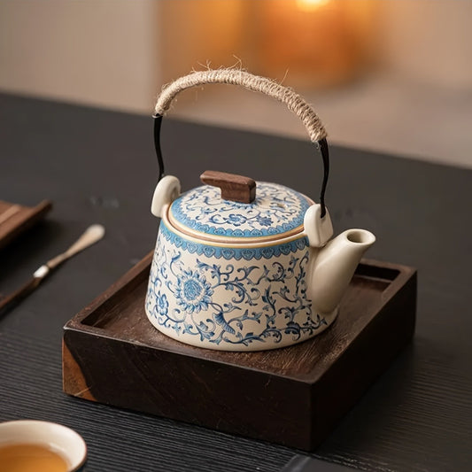 Japanese-Chinese Style Ru Kiln Blue and White Teapot and Teacup Set, Ceramic Traditional Kung Fu Tea Set with Handle for Home and Business Use - Complete Set