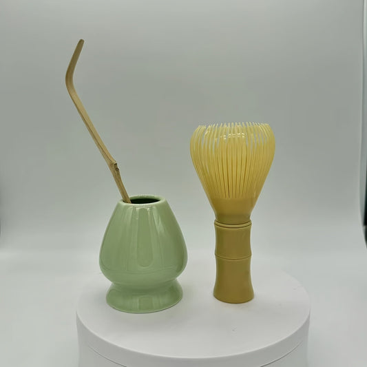 Japanese Style Vintage Ceramic Matcha Tea Set - Song Dynasty Inspired Tea Ceremony Kit with Whisk (Chasen), Whisk Holder (Kusenaoshi), and Tea Spoon - Traditional Matcha Preparation Tools, 3-Piece Set