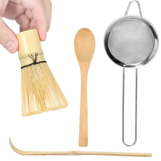 5pcs Japanese Matcha Tea Set with Handmade Bamboo Whisk, Traditional Chashaku Scoop, Deep Scoop, Stainless Steel Strainer & Clear Holder - Perfect for Tea Enthusiasts