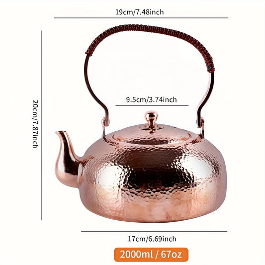 1 piece pink copper teapot, used to boil water to make tea, copper material, pink appearance is elegant and fashionable, 67oz large capacity, suitable for afternoon tea party or family daily use