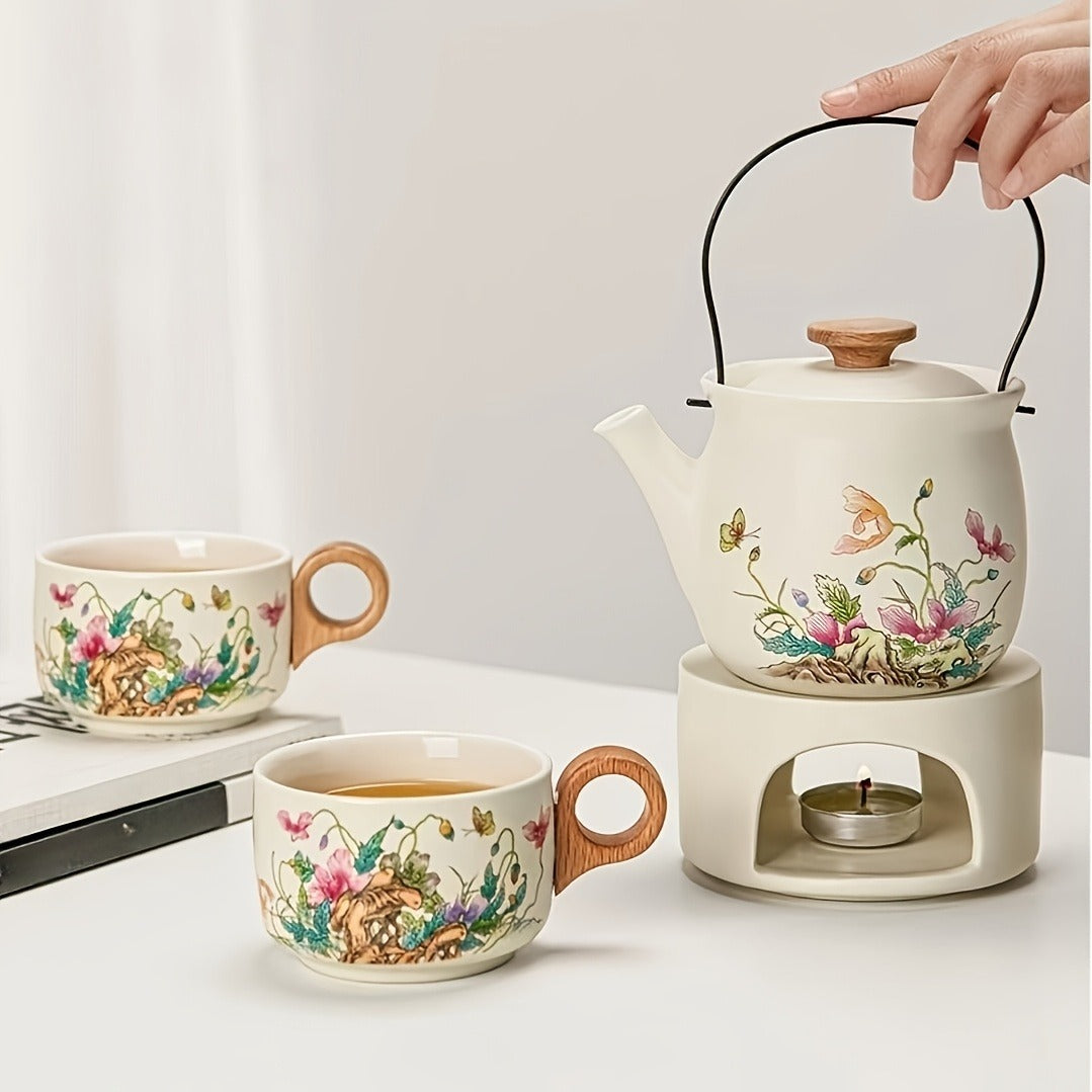 4pcs Ceramic Tea Pot And Cup Set, Flowers And Plants Print Tableware Set, With One Pot And Two Cups For Brewing Tea, Health Preservation, Socializing, Outings, Tea Parties And Decorations, Dining And Entertainment