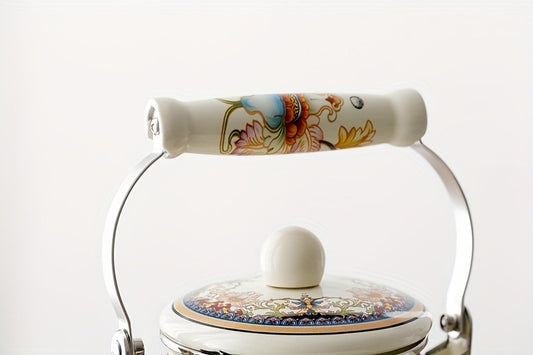 1pc Floral Ceramic Enamel Teapot Tea Kettle For Stovetop, Thickened Flat Bottom 84.54oz Home Cold Kettle Teapot Milk Teapot Induction Cooker Gas Universal