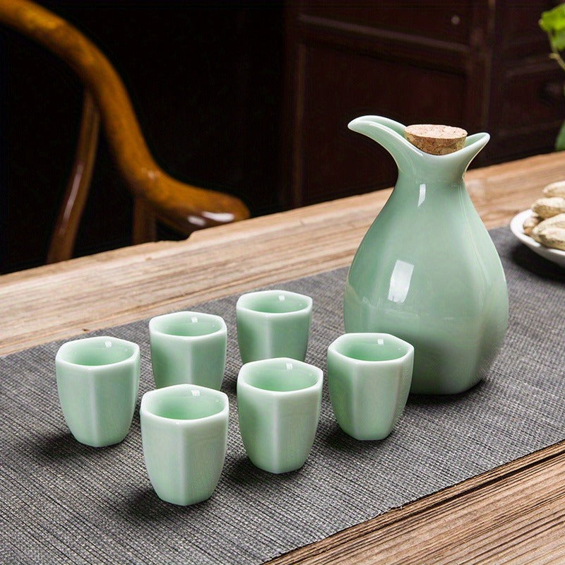 Japanese Ceramic Sake Set with Bamboo Tray - Traditional Crafted Porcelain Sake Decanter (1 Tokkuri) and 6 Ochoko Cups for Home, Sushi Bar, Restaurant, and Wedding