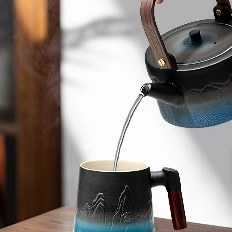 Gradient Embossed Ceramic Japanese Teapot with Removable Infuser for Flower and Loose Tea, Bamboo Handle, Halloween Promotion