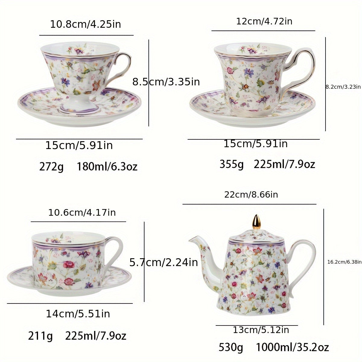 Purple Small Flower Pattern Burned Flower Ceramic Cup and Plate Set, Electroplated Gold Plated Edge Glossy Cup and Plate, Water Pot, 2pcs Cup and Plate Set, 1pc Water Pot Set, with Color Box