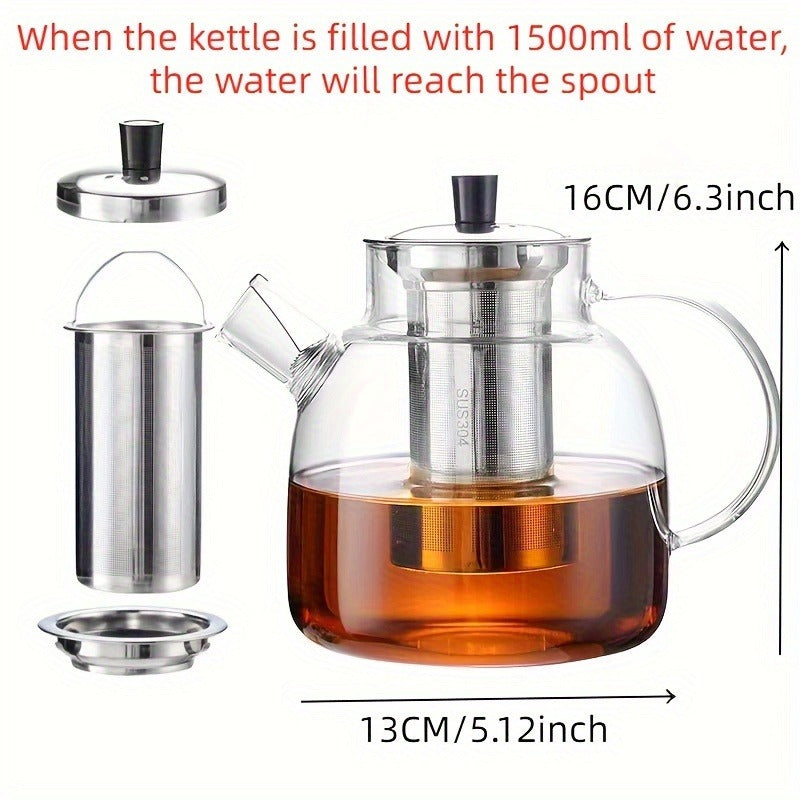 52oz Glass Teapot Set with Removable Infuser - Stovetop Safe, Leak-Proof, Lead-Free for Blooming & Loose Leaf Tea - Perfect for Home & Office