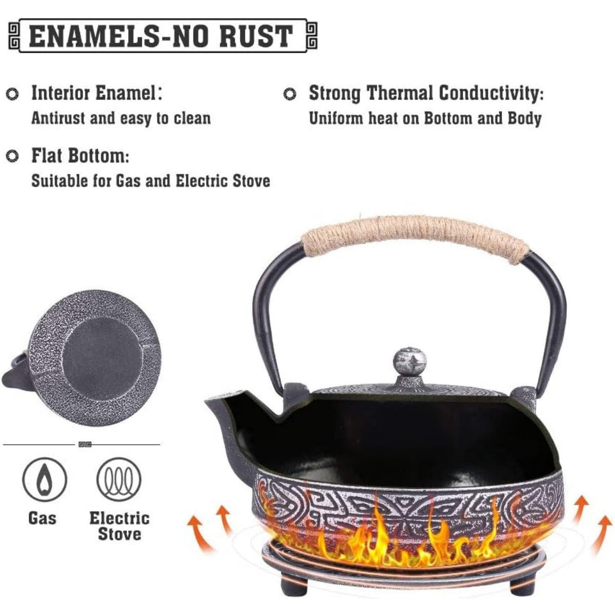 Cast Iron Teapot Set Tea Kettle with Infuser, Enameled Interior Cast Iron Tea Pot with 4 Teacup for Stove Top, Handmade Gift for Friend
