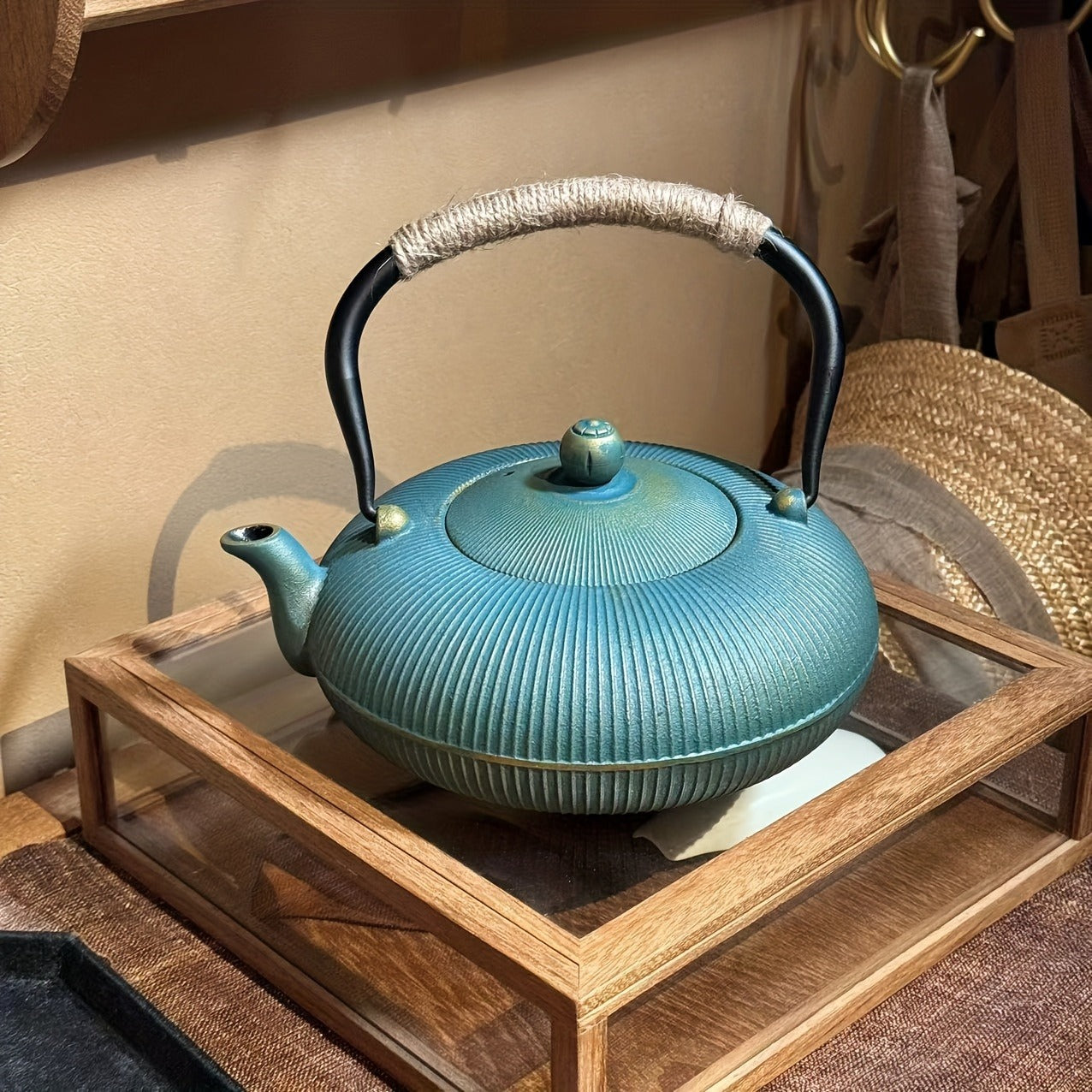 1pc, Cast Iron Teapot with Removable Stainless Steel Infuser, Traditional Green Golden Vertical Stripe Enamel Kettle, Perfect for Brewing Tea & Boiling Water, Ideal Gift