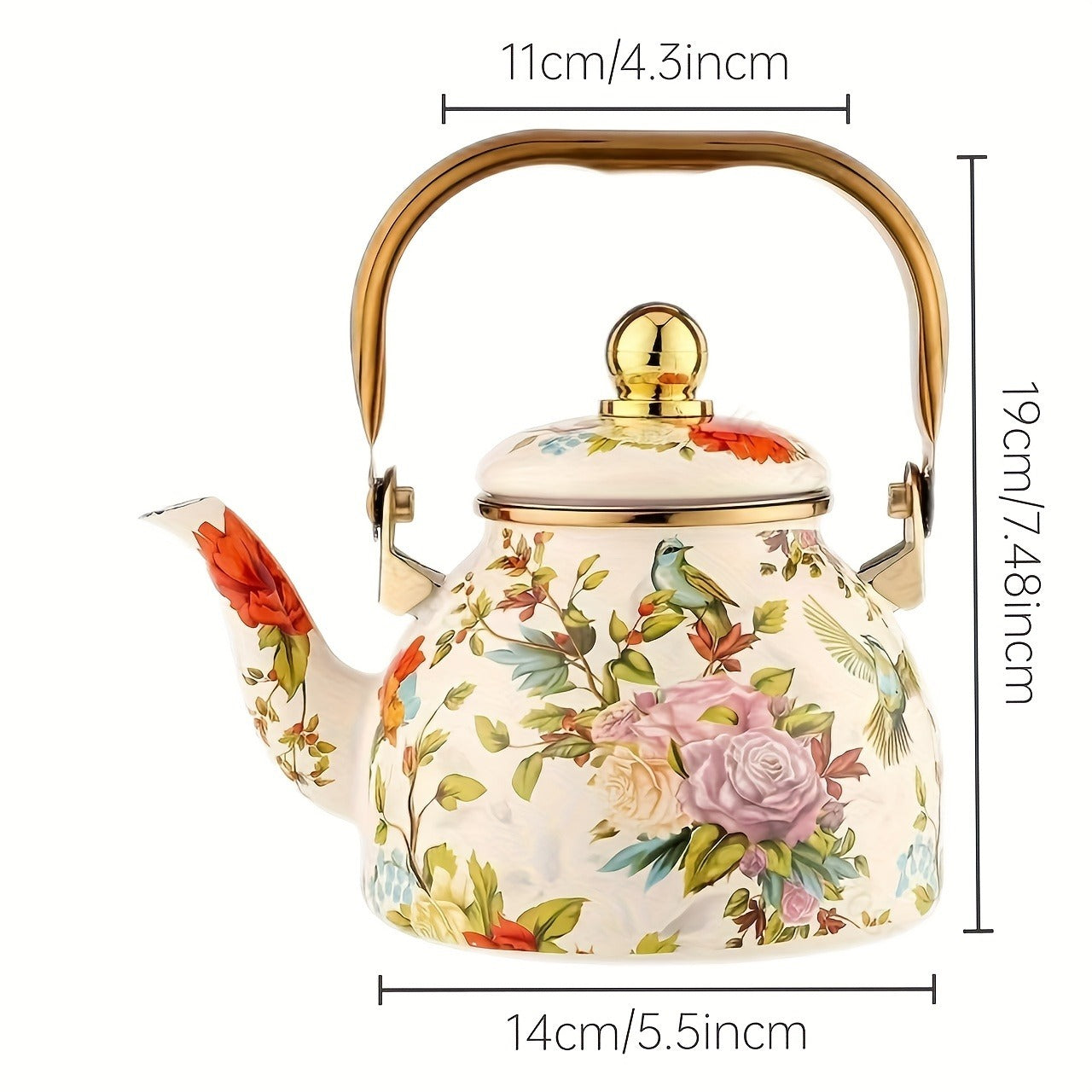 40.58oz Enamel Teapot Set with Infuser - Floral & Bird Design, Thickened for Durability, High-Quality, Stovetop Safe for Electric & Gas, Perfect for Home, Restaurant, and Dining Decor