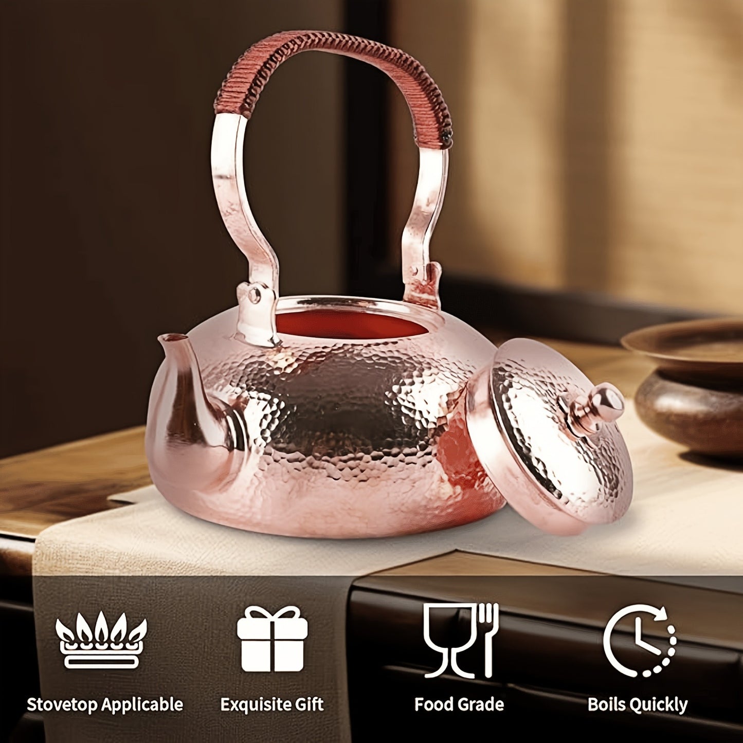 1 piece pink copper teapot, used to boil water to make tea, copper material, pink appearance is elegant and fashionable, 67oz large capacity, suitable for afternoon tea party or family daily use